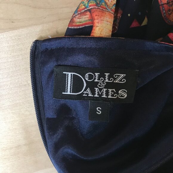 DOLLZ & DAMES- WOMEN SMALL ~ NAVY WESTERN LLAMA CACTUS PLEATED RETRO DRESS - Picture 7 of 7